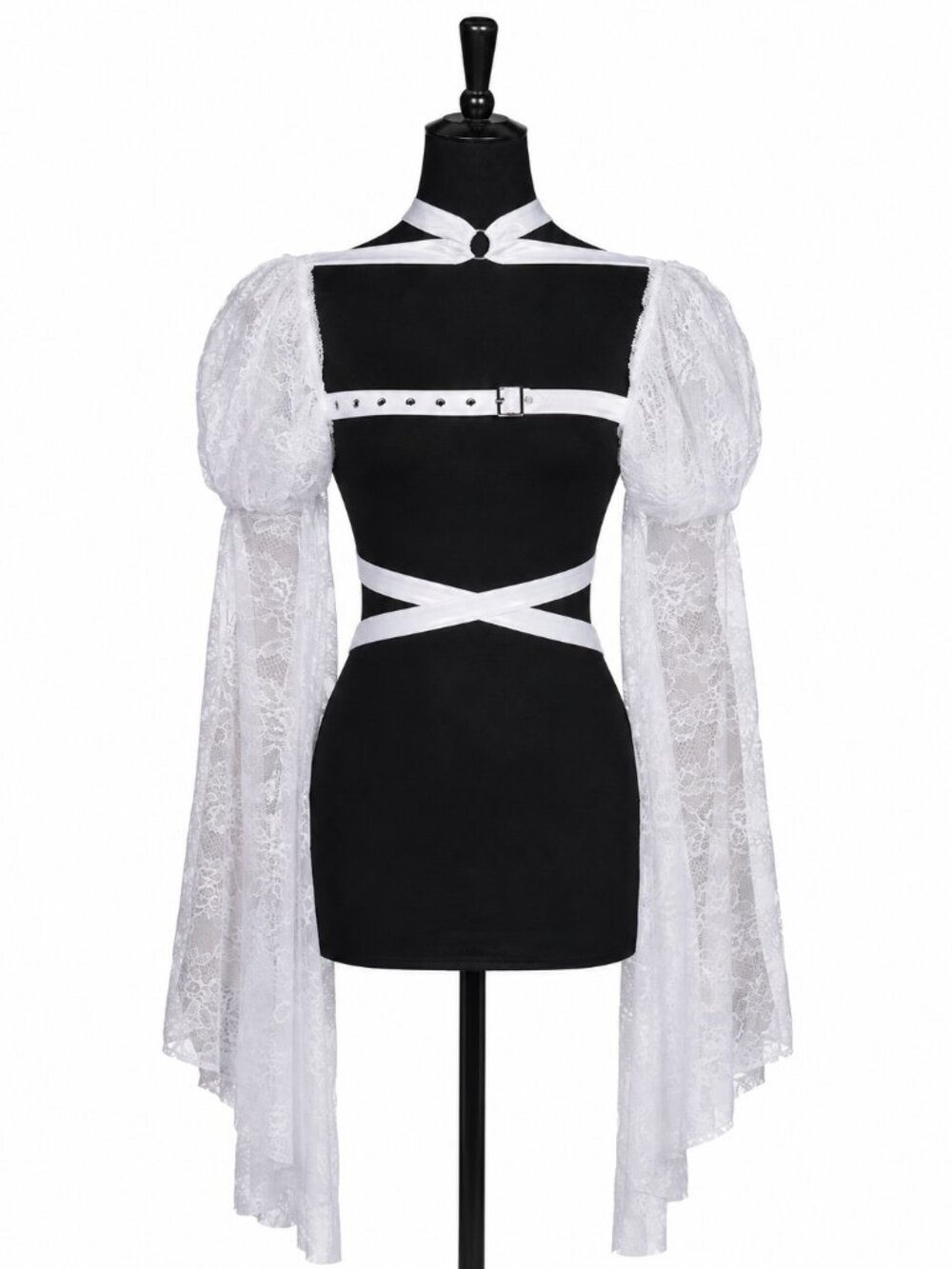 Dolls Kill Widow White Buckle & Satin Ribbon Harness Shrug Top w/ Lace Sleeves
